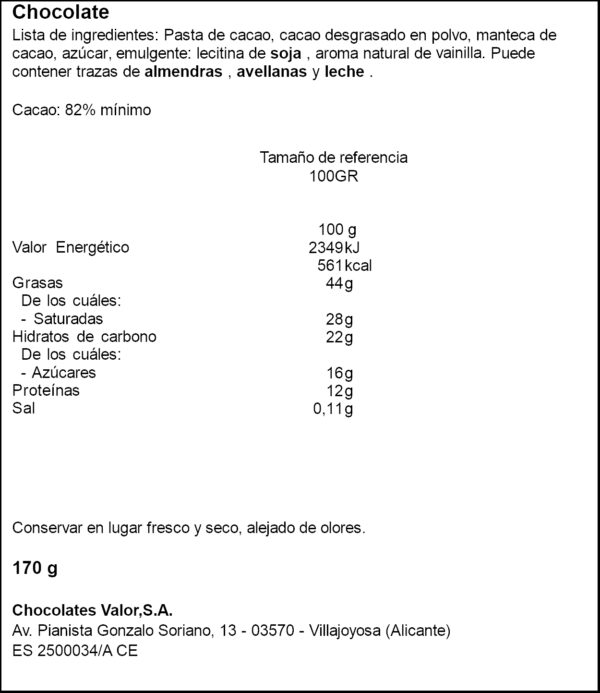 VALOR XOCOLATA NEGRA 82% CACAU 170GR