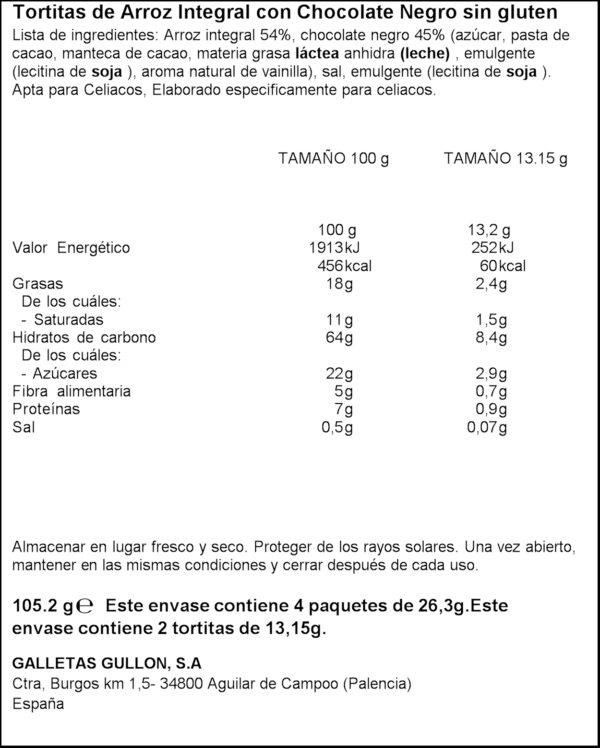 GULLON TORTITAS D'ARRÒS I XOCOLATA 105GR