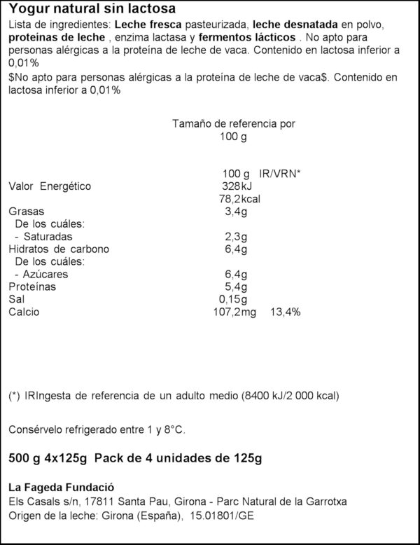 LA FAGEDA IOGURT NATURAL SENSE LACTOSA 4X125GR