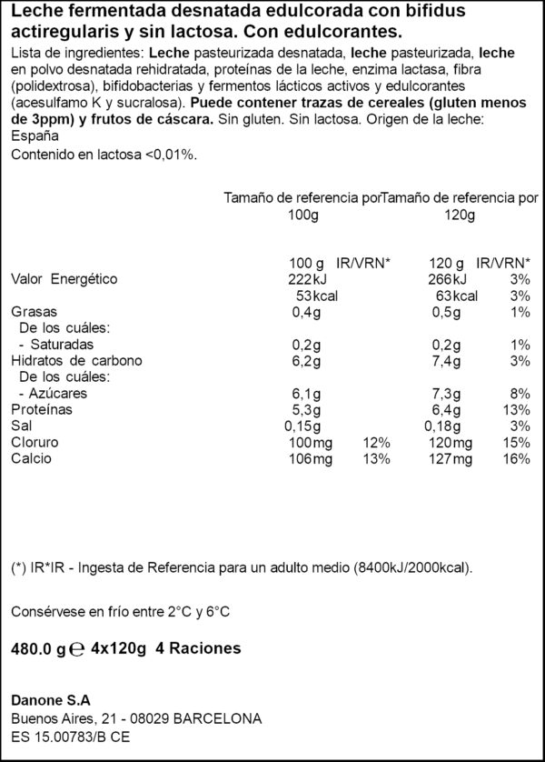 ACTIVIA IOGUR BIFIDUS 0% NATURAL SENSE LACTOSA 4X125GR