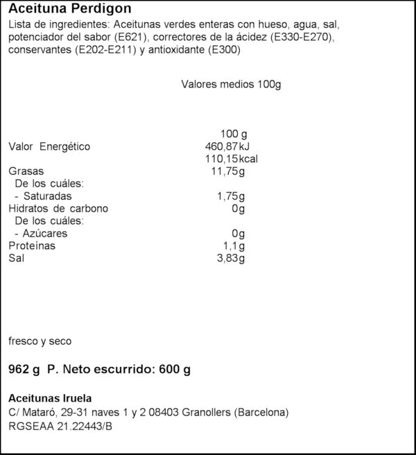 IRUELA OLIVA PERDIGO FARCIT ANXOVA 600GR