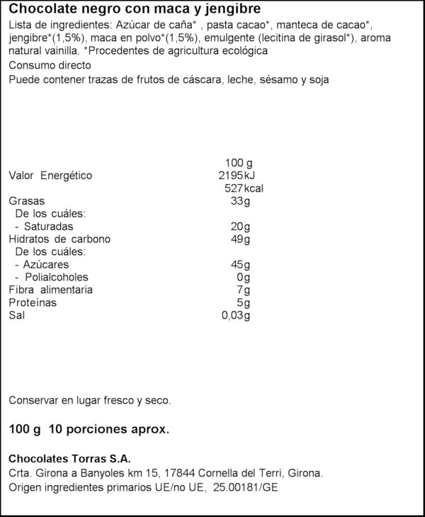 TORRAS XOCOLATA BIO GINGEBRE 100GR