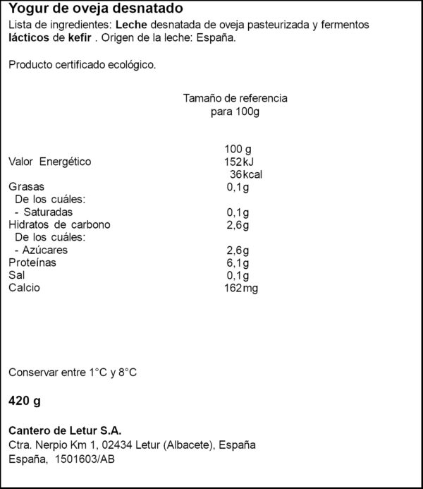 CANTERO IOGURT OVELLA DESNATAT ECOLOGIC 420GR