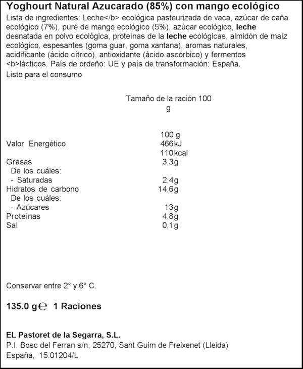 PASTORET ECO IOGURT MANGO 135GR