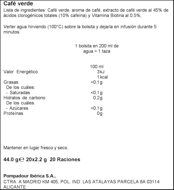 POMPADOUR INFUSIO CAFE VERD X20
