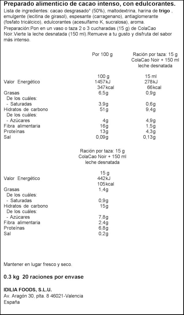 COLA CAO NEGRE 0% SUCRE 300GR