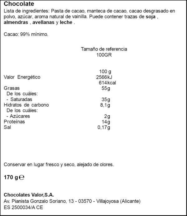 VALOR XOCOLATA NEGRA 99% CACAU 170GR