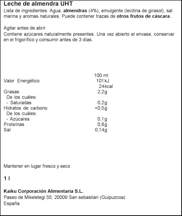 KAIKU BEGUDA VEGETAL AMETLLA S/SUCRE 1L