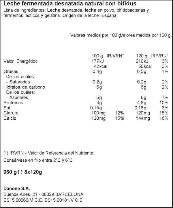 ACTIVIA IOGURT BIFIDUS NATURAL 0%MG 8X120GR