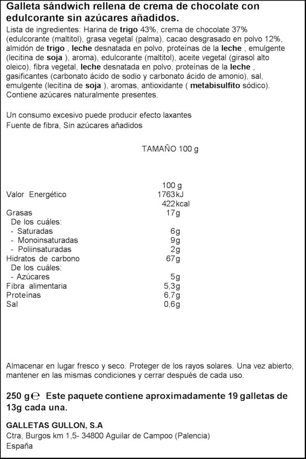 GULLON GALETA SANDVITX XOCO 250GR