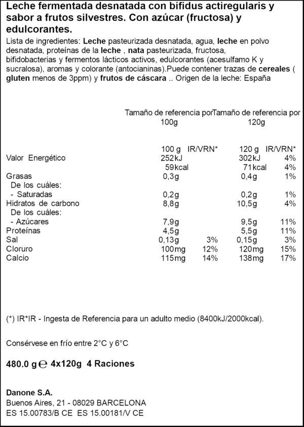 ACTIVIA IOGURT FRUITS SILVESTRES 0%MG 4X125GR