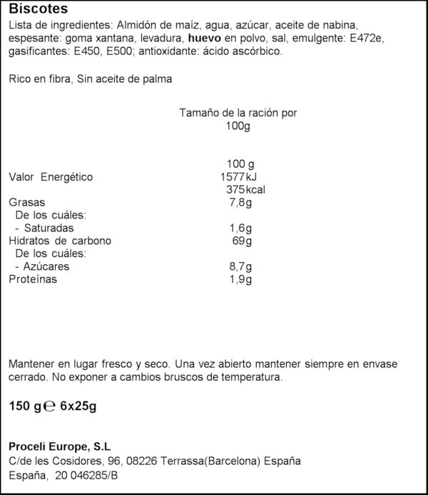 PROCELI BESCUIT SENSE GLUTEN 150GR