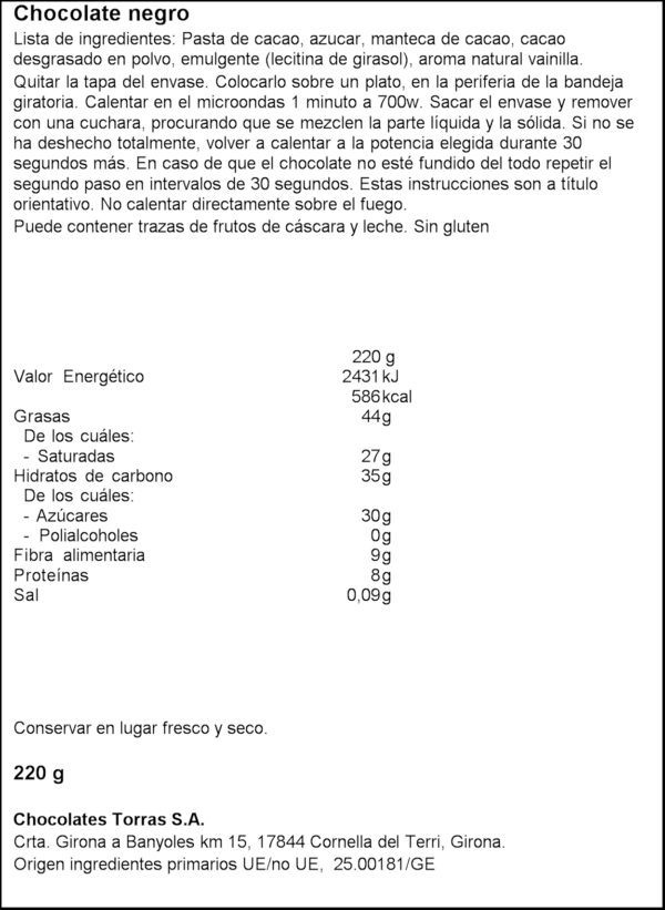 TORRAS FONDUE DE XOCO 72% CACAU 220GR