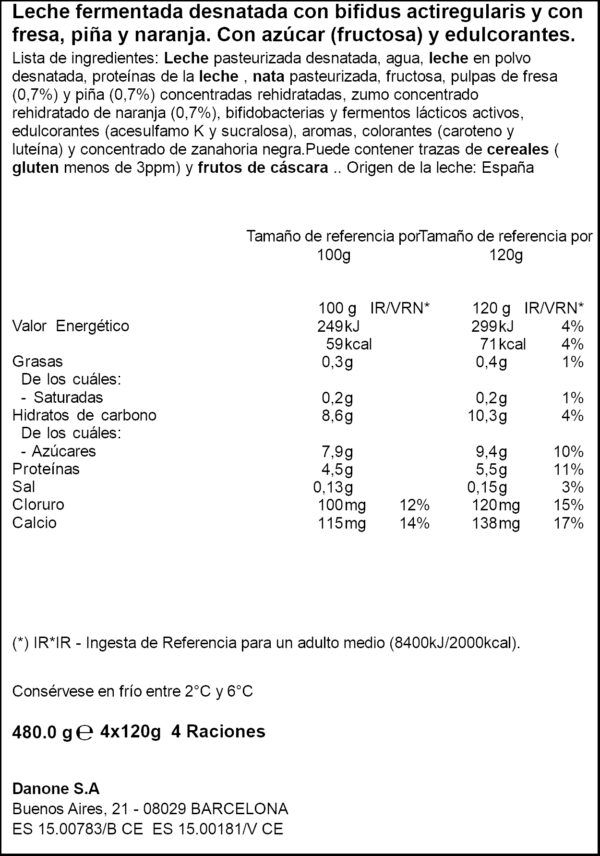 ACTIVIA BIFIDUS IOGURT CREMOS COCKTAIL FRUITES 0%MG 4X120GR