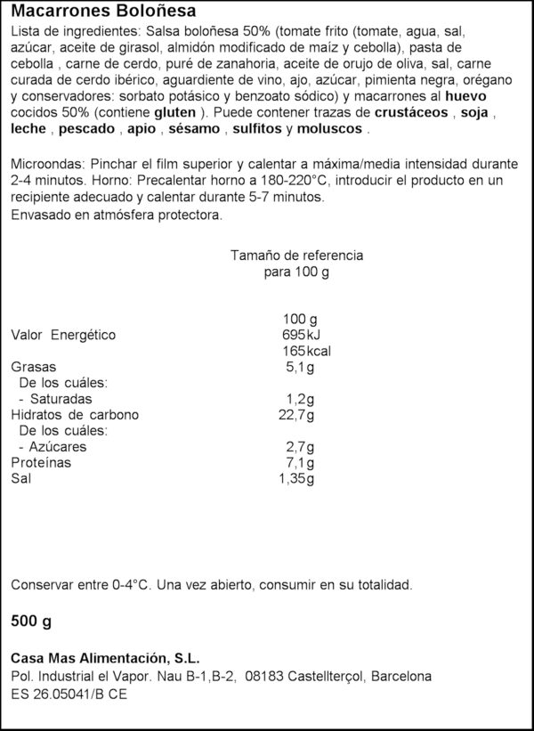 CASA MAS MACARRONS BOLONYESA 500GR