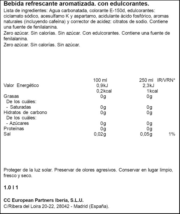 COCA COLA VIDRE ZERO 1L