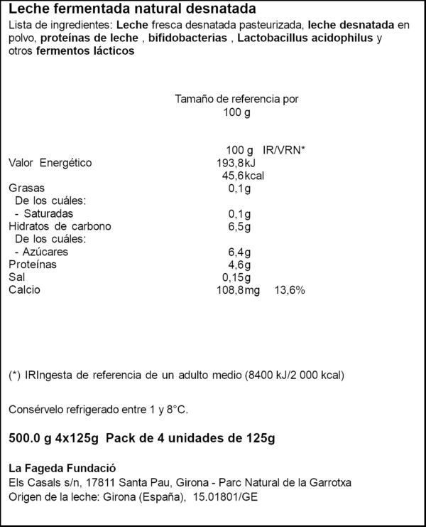 LA FAGEDA IOGURT BIFIDUS DESNATAT 4X125GR