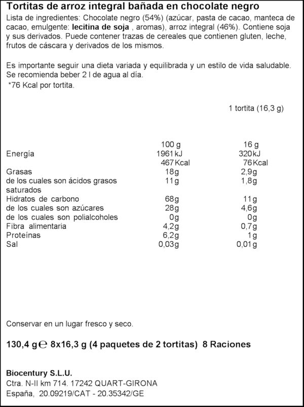 BICENTURY TORTITES D'ARROS AMB XOCOLATA 130GR