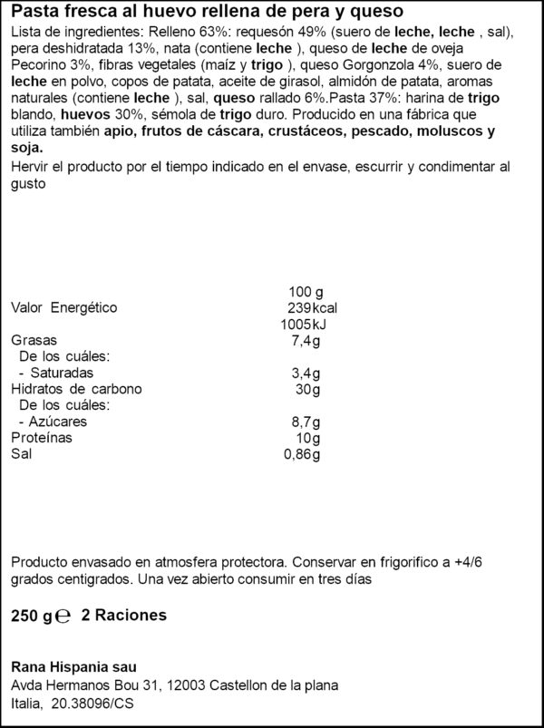 RANA RAVIOLI PERA/FORMATGE 250GR