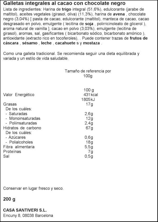 SANTIVERI GALETES ARRÒS INTEGRAL I CACAU 200GR