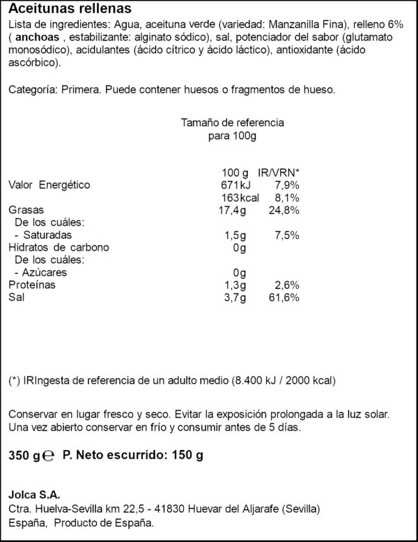 JOLCA OLIVES FARCIDES ANXOVES CANTABRIO 150GR