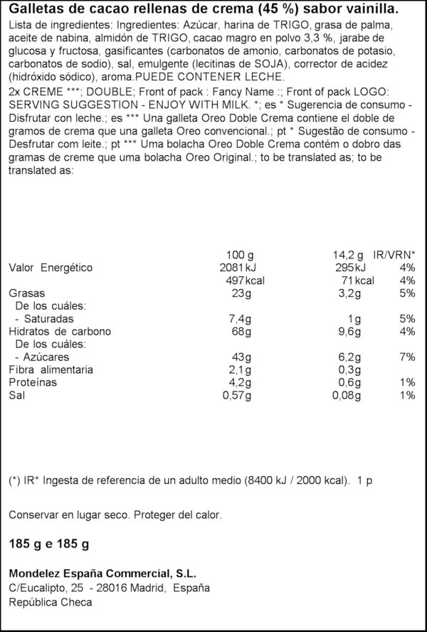 OREO GALETA DOBLE CREMA 185GR