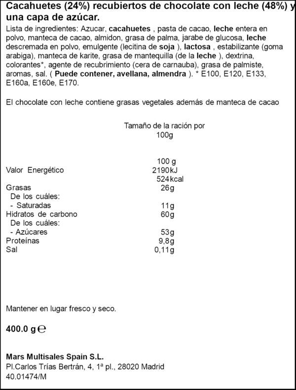 MARS M & M'S CACAHUETE POUCH 400GR