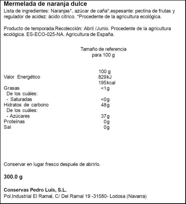 PEDRO LUIS ECO MELMELADA TARONJA 275ML