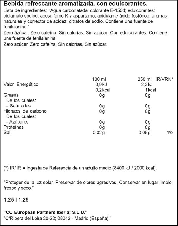 COCA COLA ZERO ZERO 1,25L