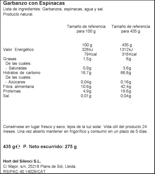 H.DEL SILENCI?CIGR? AMB ESPINACS BIO 475GR