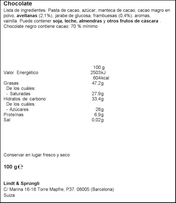 LINDT EXCEL. XOC. GRDS I AVLL 70% CACAU 100G