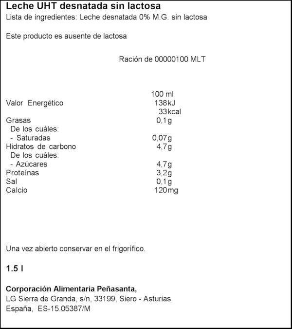 ASTURIANA LLET DESNATADA S/LACTOSA 1,5L