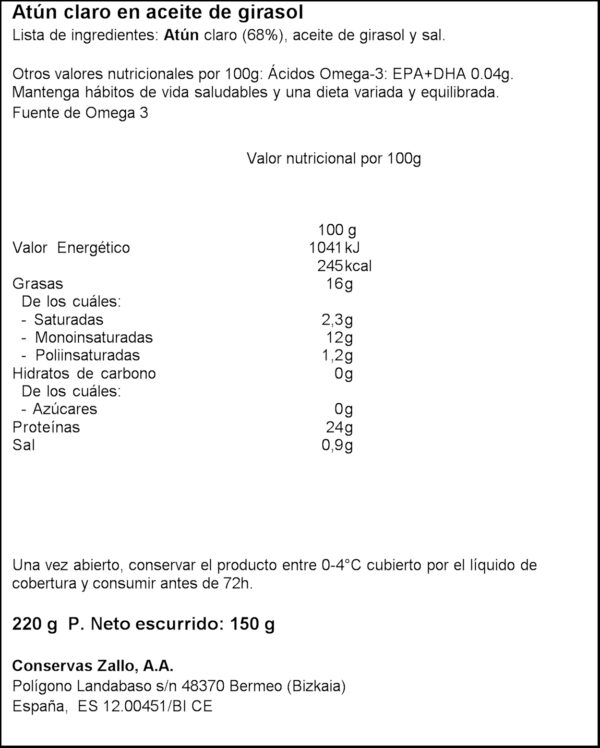 ZALLO TONYINA CLARA EN OLI GIRA.SOL 220GR