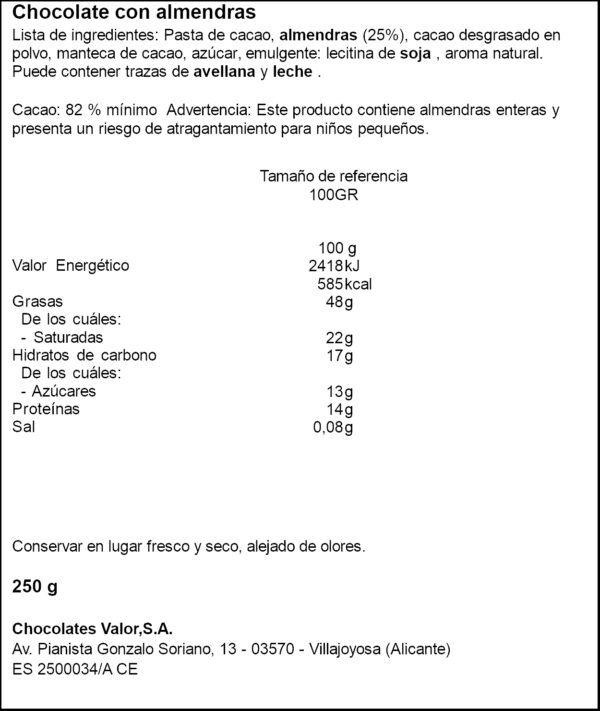 VALOR XOCOLATA ALMENDRA 82% CACAU 250GR