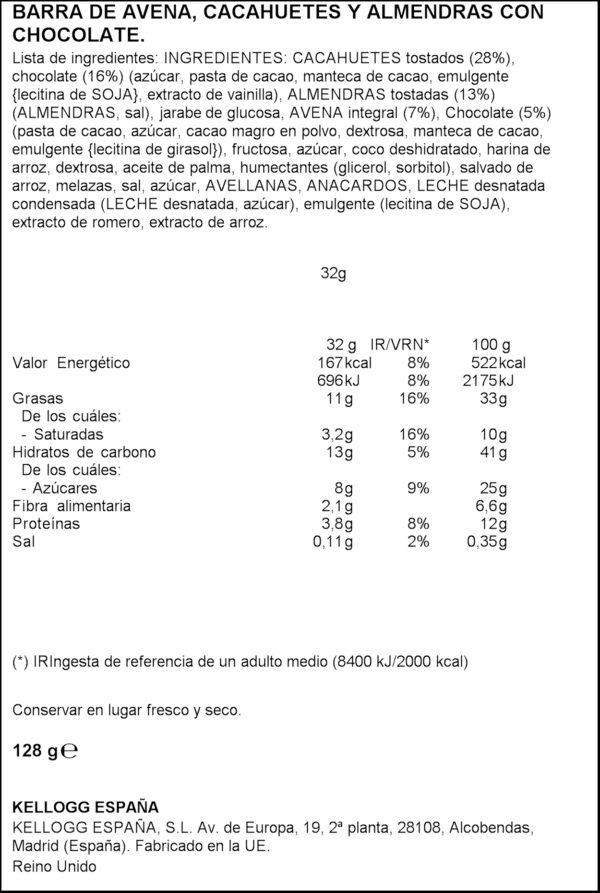 KELLOGG'S BARRETES DE XOCOLATA I AMETLLA 128GR