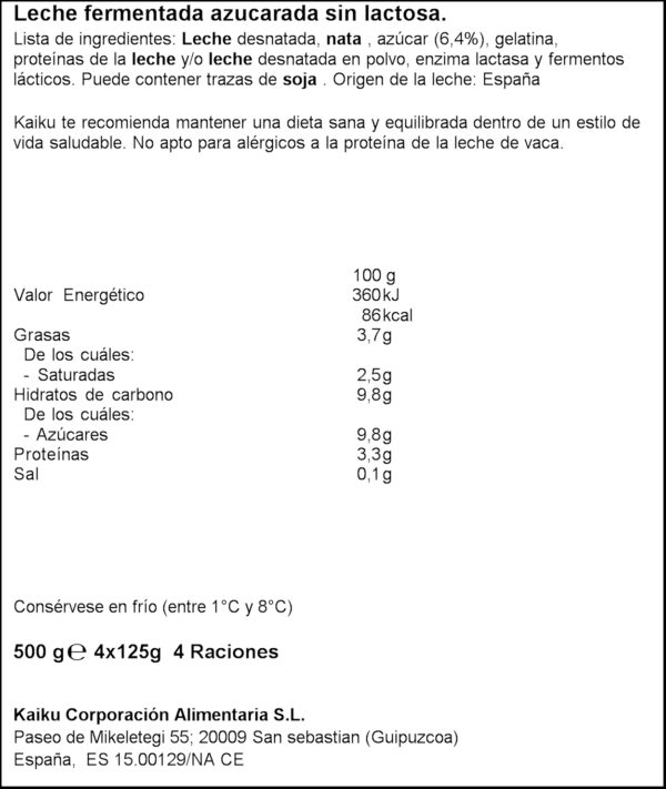 KAIKU IOGURT NATURAL S/LACTOSA 4X125GR