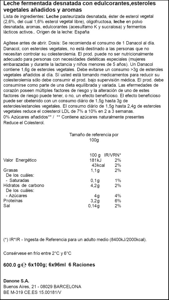 DANONE DANACOL NATURAL 6X100GR