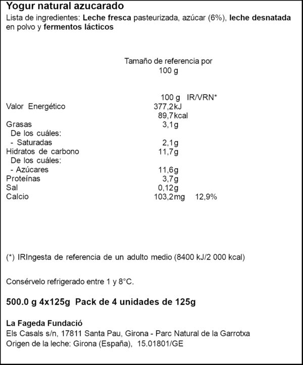 LA FAGEDA IOGURT NATURAL ENSUCRAT 4X125GR