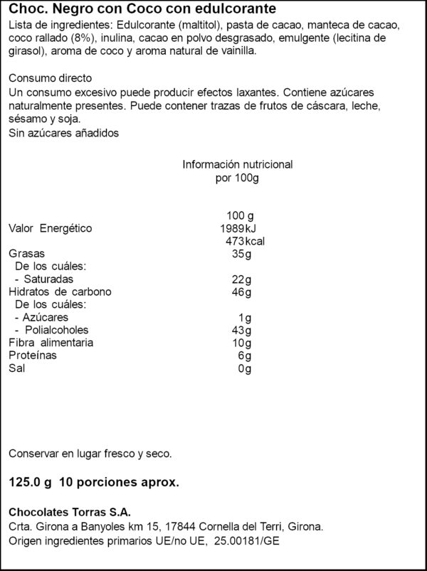 TORRAS XOCOLATA NEGRE AMB COCO 125GR