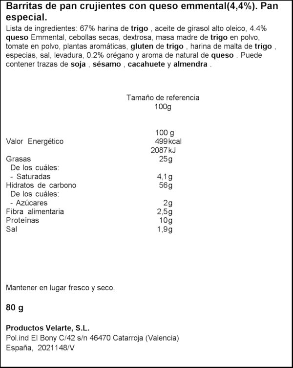 VELARTE BARRETES AMB FORMATGE 80G