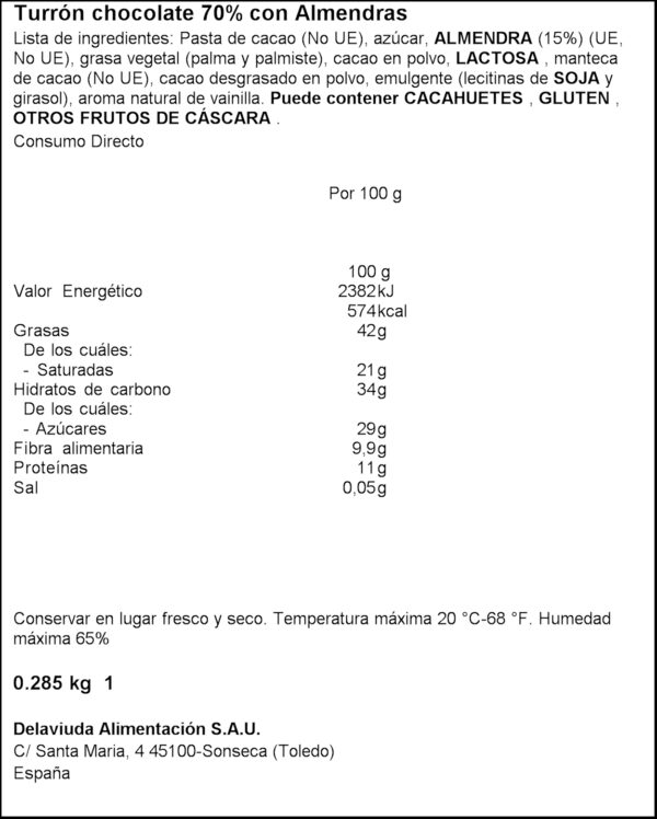 ALMENDRO TURRON CHOCO NEGRO 70% ALM.SUP.280GR.