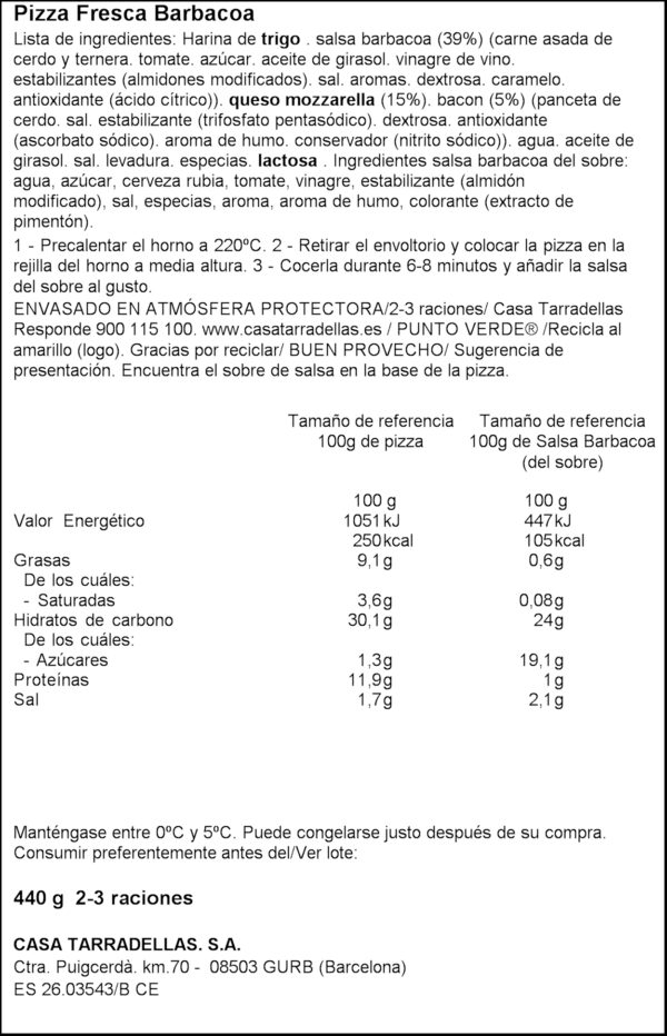 TARRADELLAS PIZZA BARBACOA 400GR