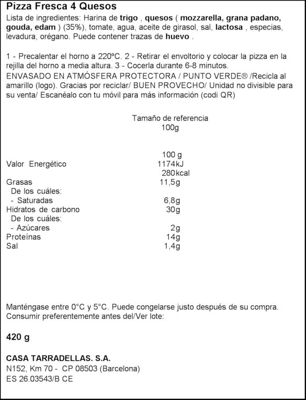 TARRADELLAS PIZZA 4FORMATGES 2X210GR