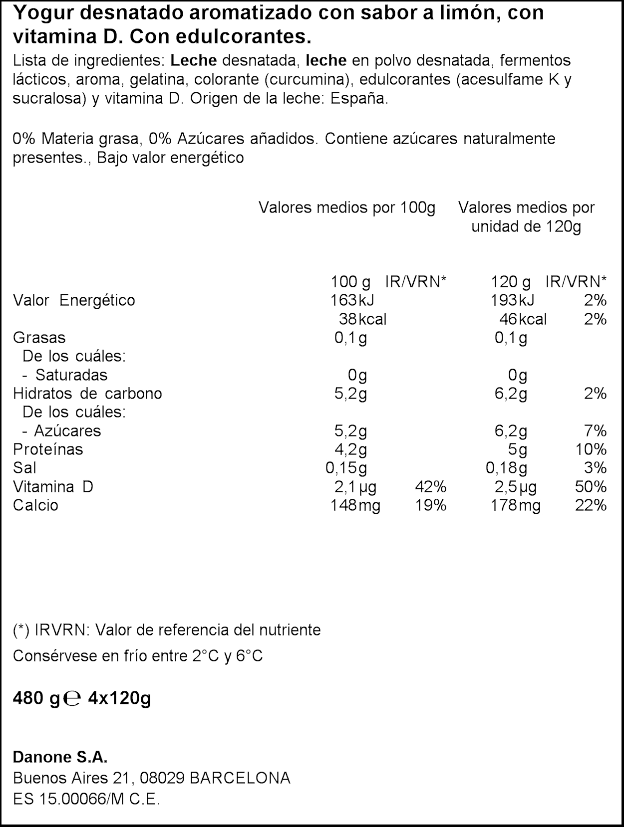 DANONE VITALINEA IOGURT LLIMONA 0%MG 4X125GR