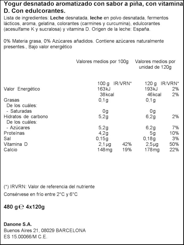 DANONE VITALINEA IOGURT PINYA 0%MG 4X125GR
