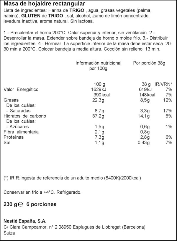 BUITONI MASA FULLADA RECTANGGULAR 230GR