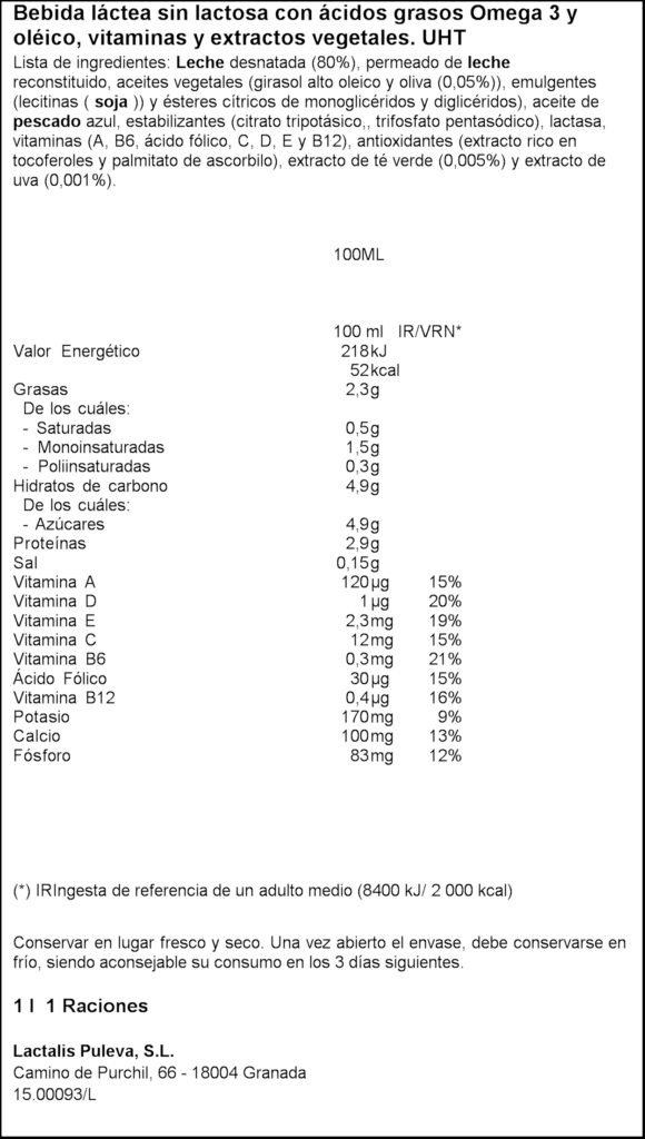 PULEVA LLET OMEGA3 DESNATADA S/LACTOSA 1L