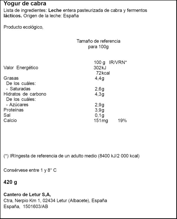 CANTERO DE LETUR IOGURT ECO IOGURT CABRA 420GR