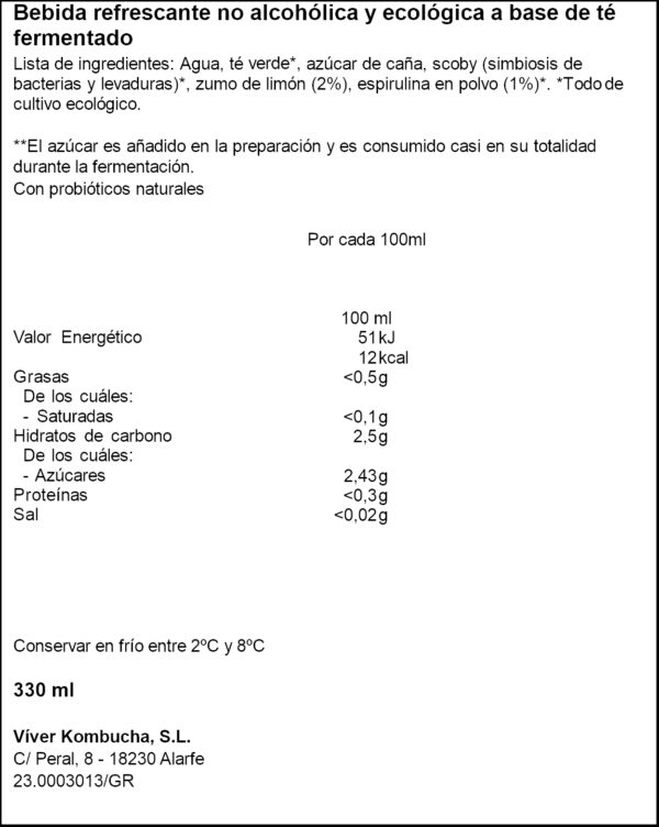 VIVER KOMBUCHA LLIMONA I ESPIRULINA 330ML
