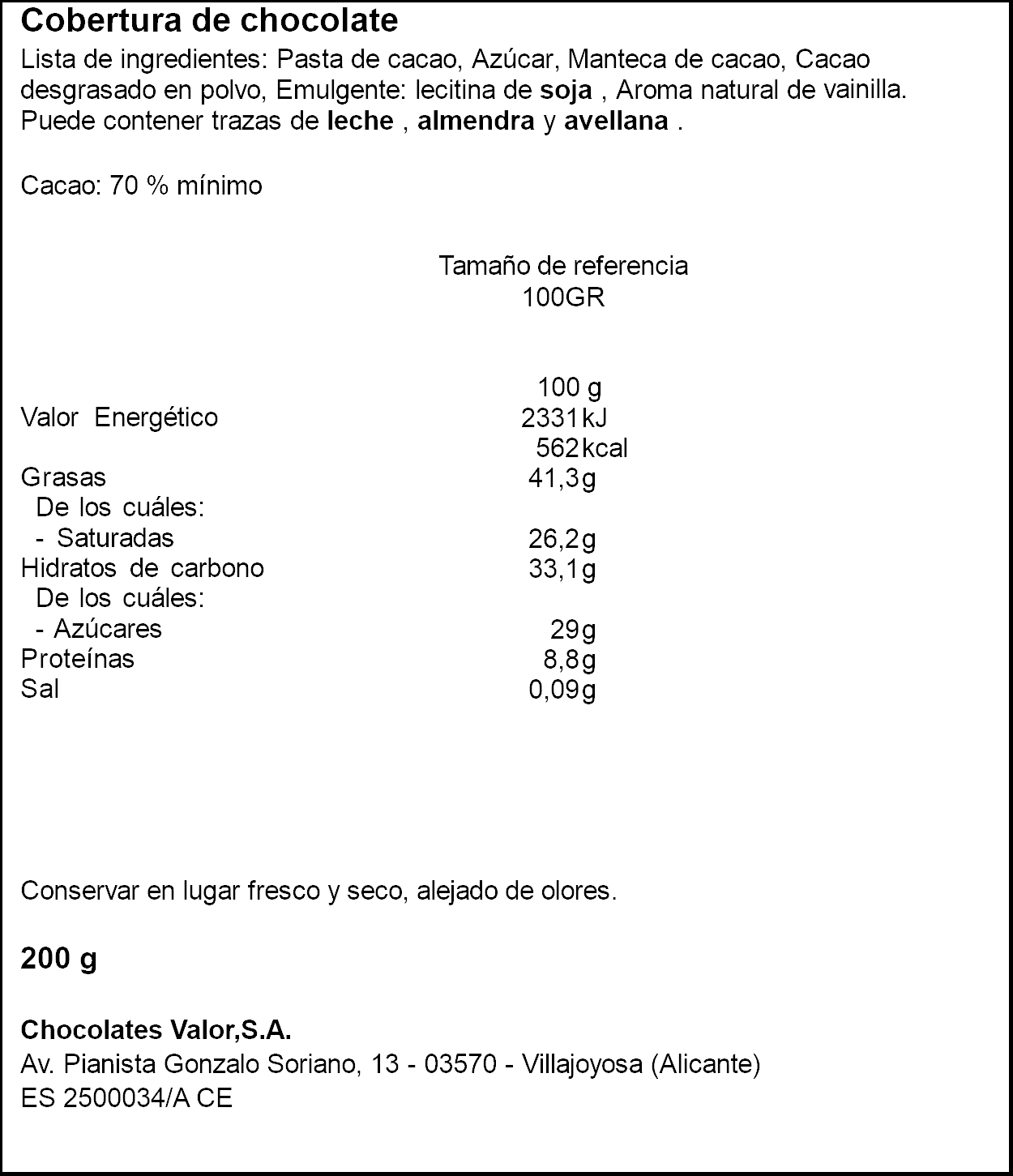 VALOR XOCOLATA PER POSTRES 70% CACAU 200GR